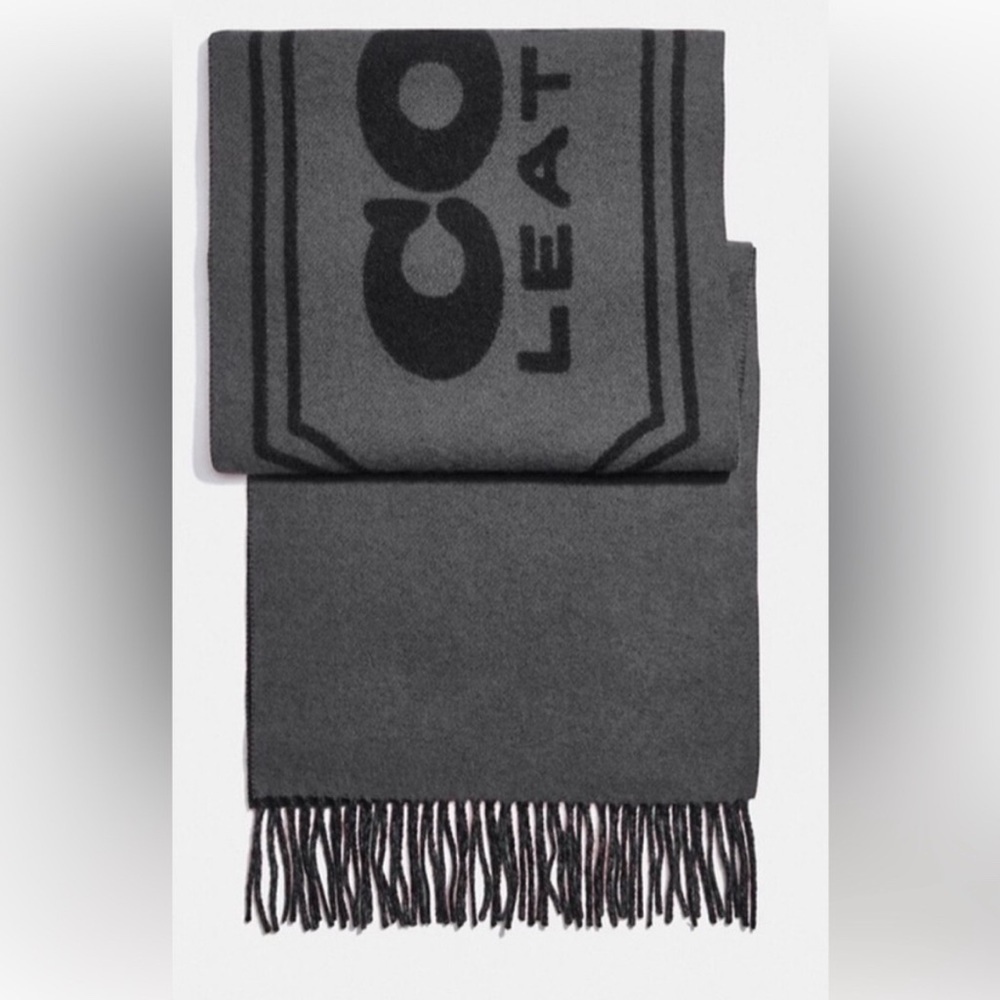 Coach Cashmere Scarf Logo Charcoal Gray Scarf Fringe Muffler